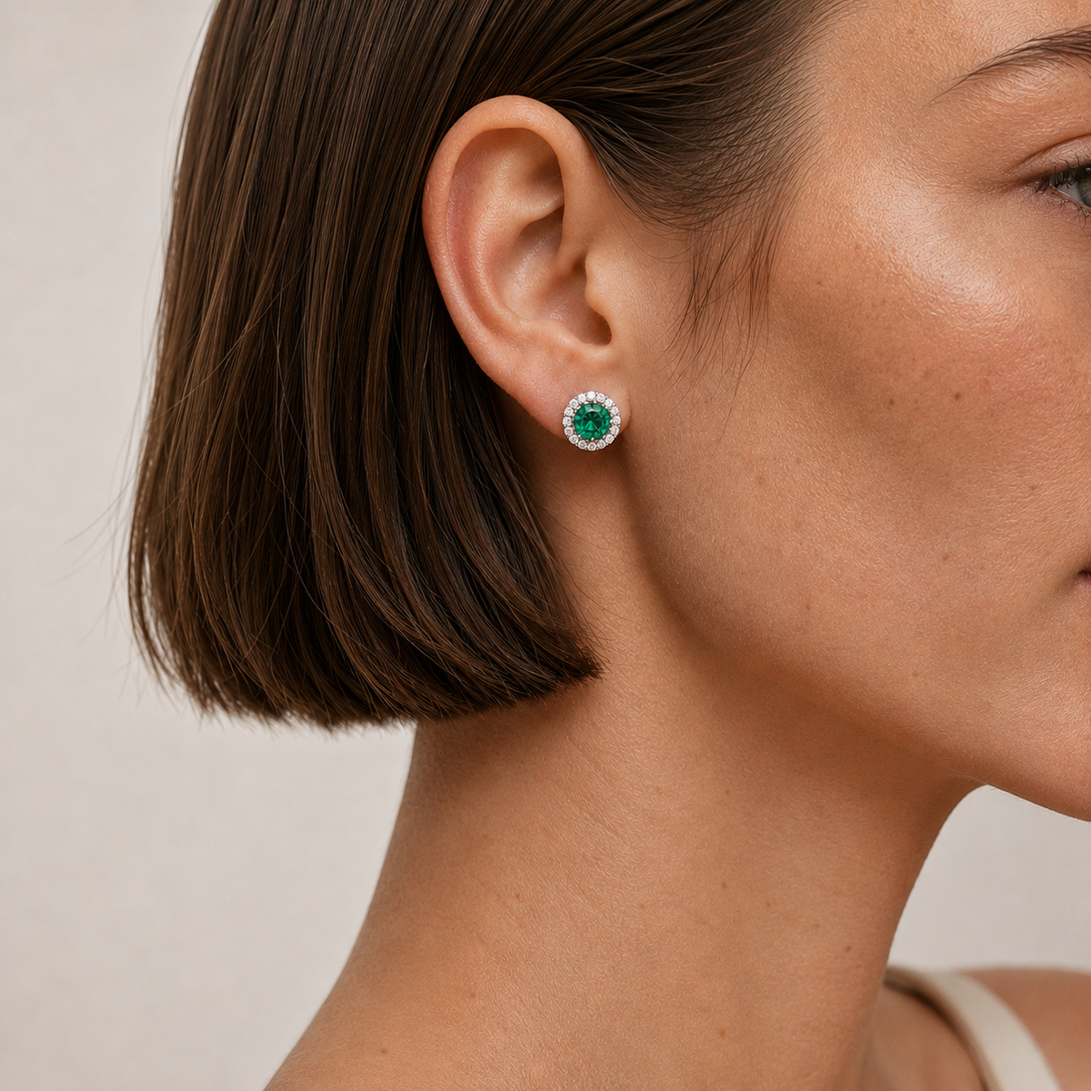 Floret Emerald Round & Diamond Halo Stud Earrings in White Gold