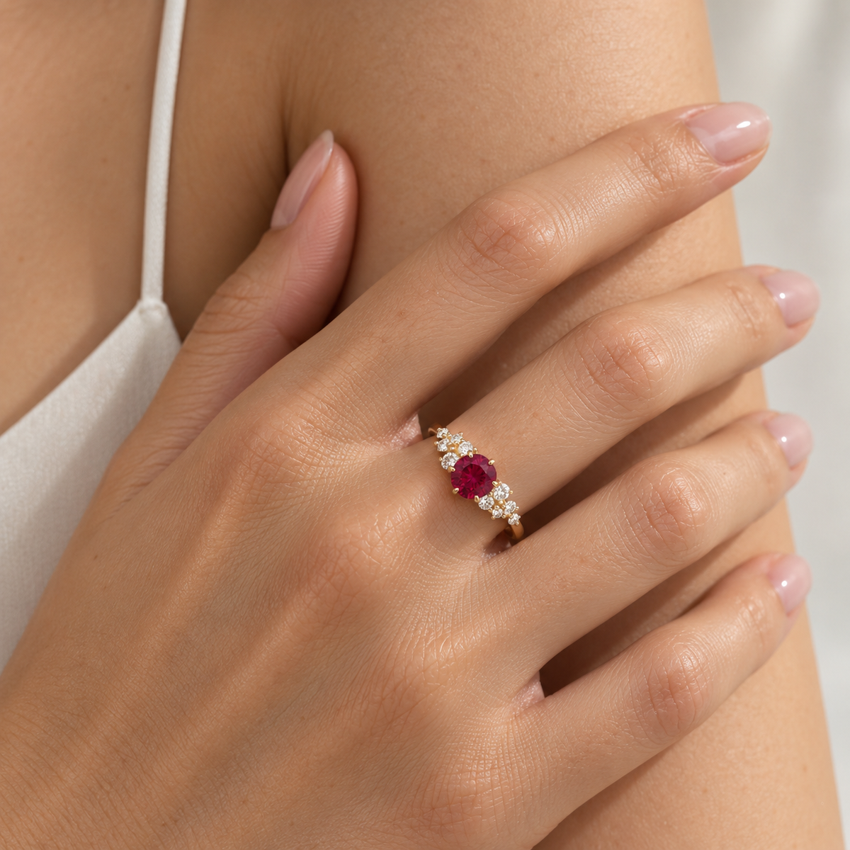 Floret Ruby Round & Diamond Cluster Ring in Gold
