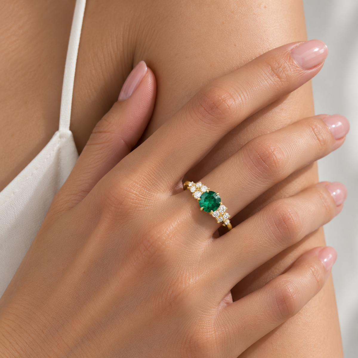 Floret Emerald Round & Diamond Cluster Ring in Gold
