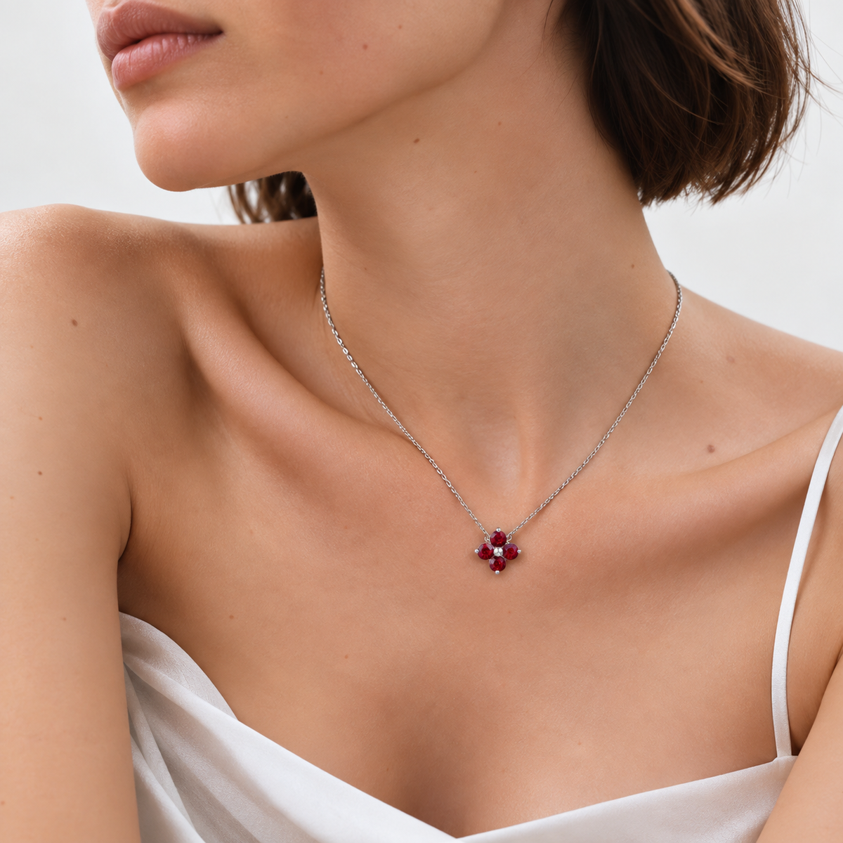 Clover Ruby Necklace In White Gold