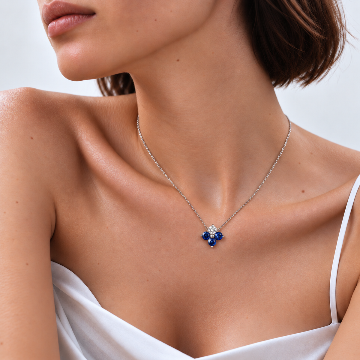 Clover Blue Sapphire & Diamond Necklace In White Gold
