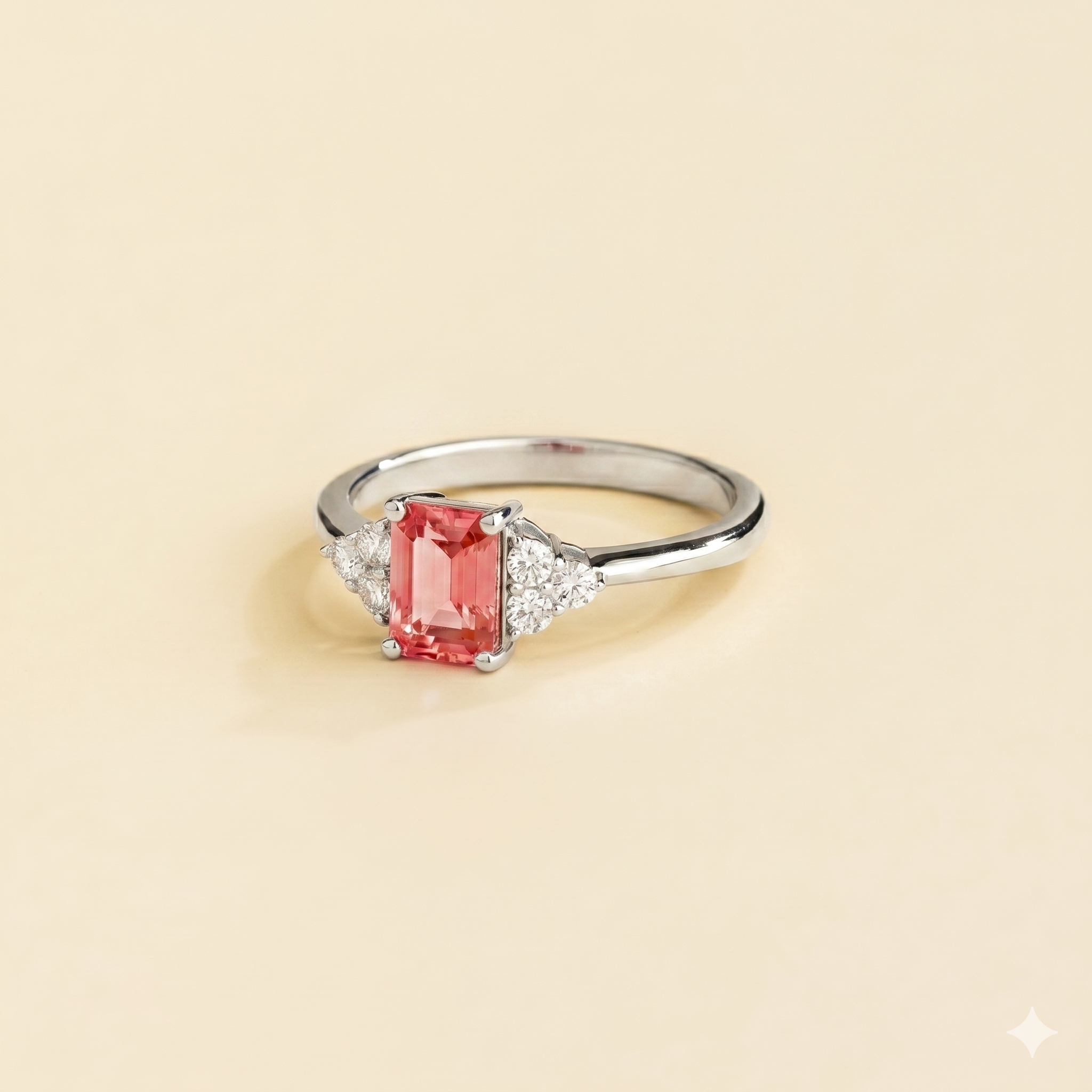 Chateau Padparadscha Sapphire Emerald-Cut & Diamond Ring in White Gold