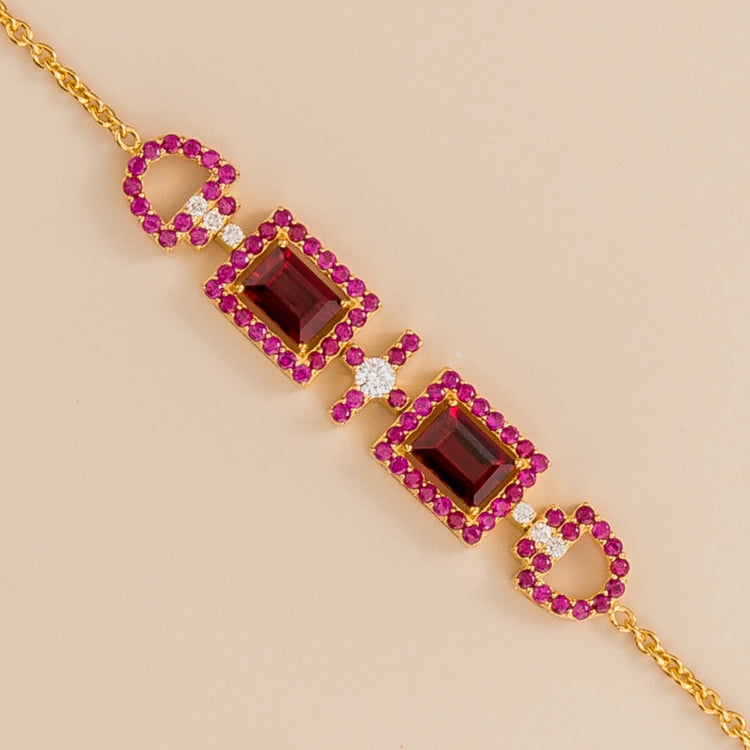 Ciceris bracelet in 18K yellow gold vermeil set with lab grown diamond and ruby. Perfect for yourself and as gift by Juvetti Jewellery London