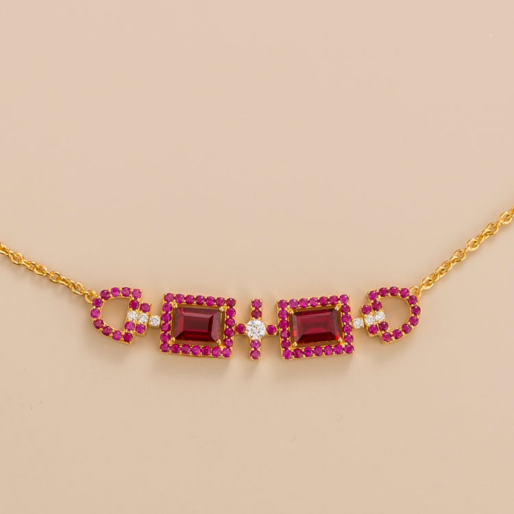 Ciceris necklace in 18K gold vermeil set with lab grown diamond and ruby gem stones. Perfect for yourself and as gift by Juvetti Jewellery London