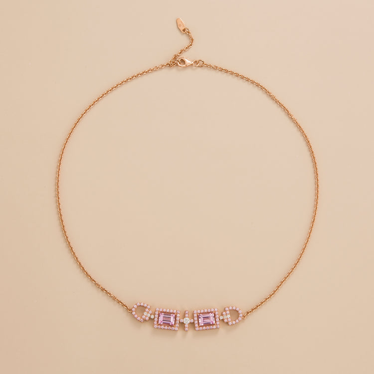 Ciceris necklace in 18K pink gold vermeil set with lab grown diamond and pink sapphire By Juvetti Jewellery London