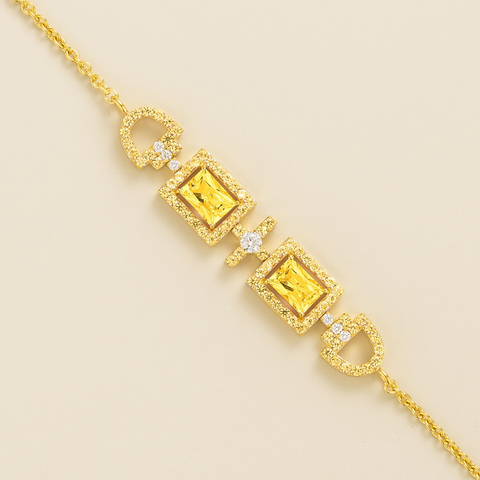 Ciceris Yellow Sapphire and Diamond Rectangle Halo Statement Gold Bracelet