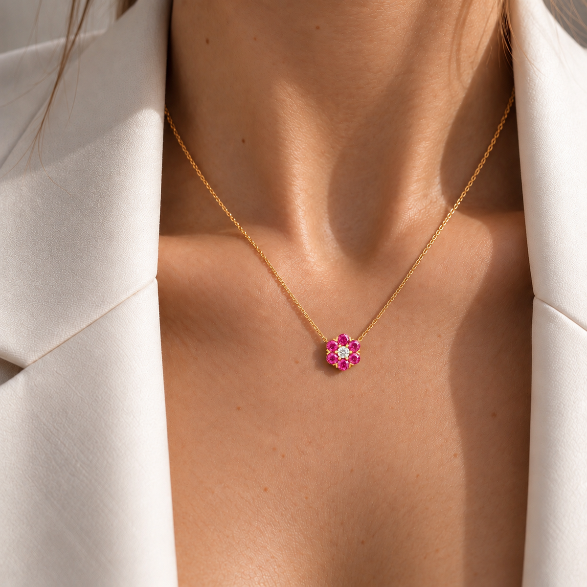Cinq Vivid Pink Sapphire & Diamond Flower Pendant Necklace in Gold