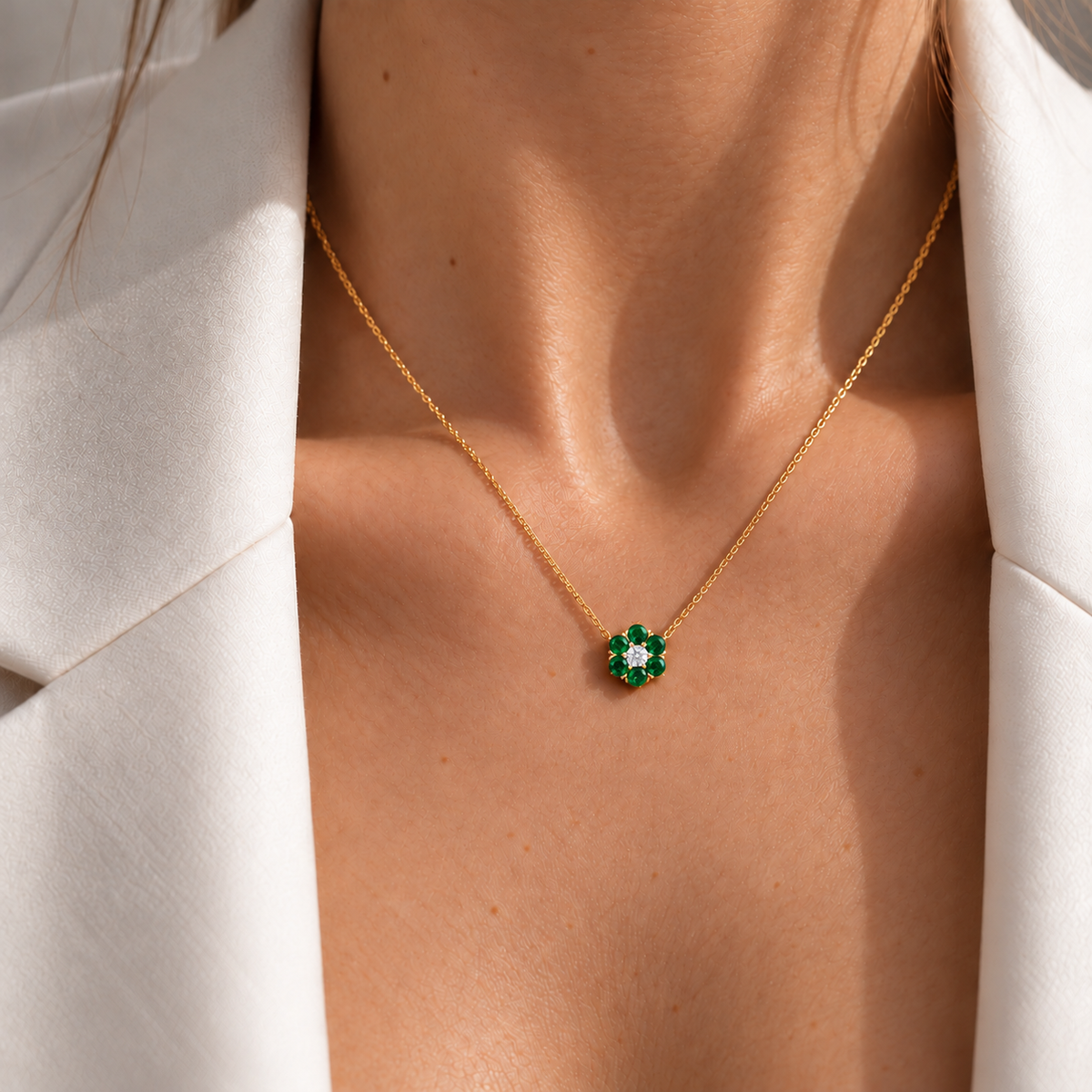 Cinq Emerald & Diamond Flower Pendant Necklace in Gold