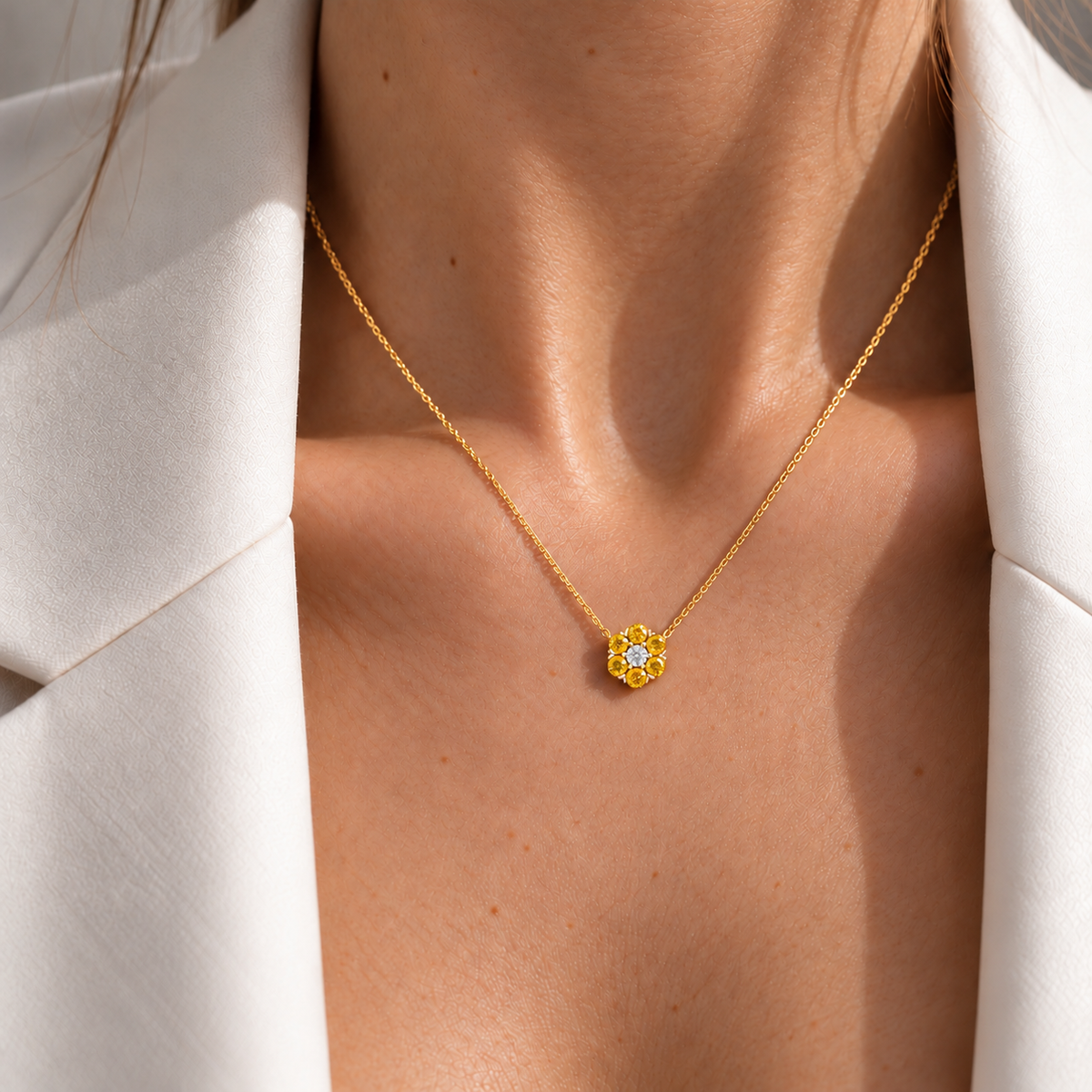 Cinq Yellow Sapphire & Diamond Flower Pendant Necklace in Gold