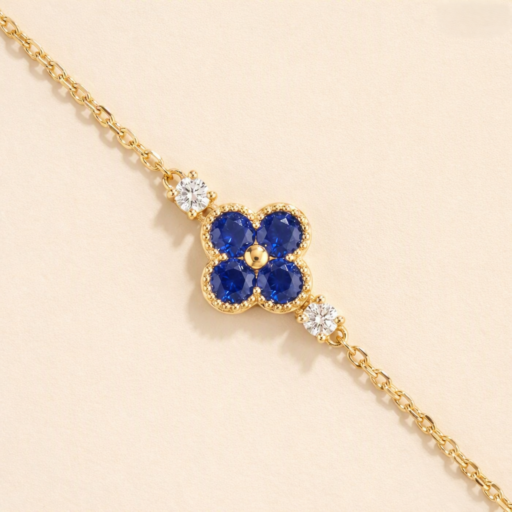 Blue sapphire and Diamond Four-Leaf Clover Chain Bracelet in Gold