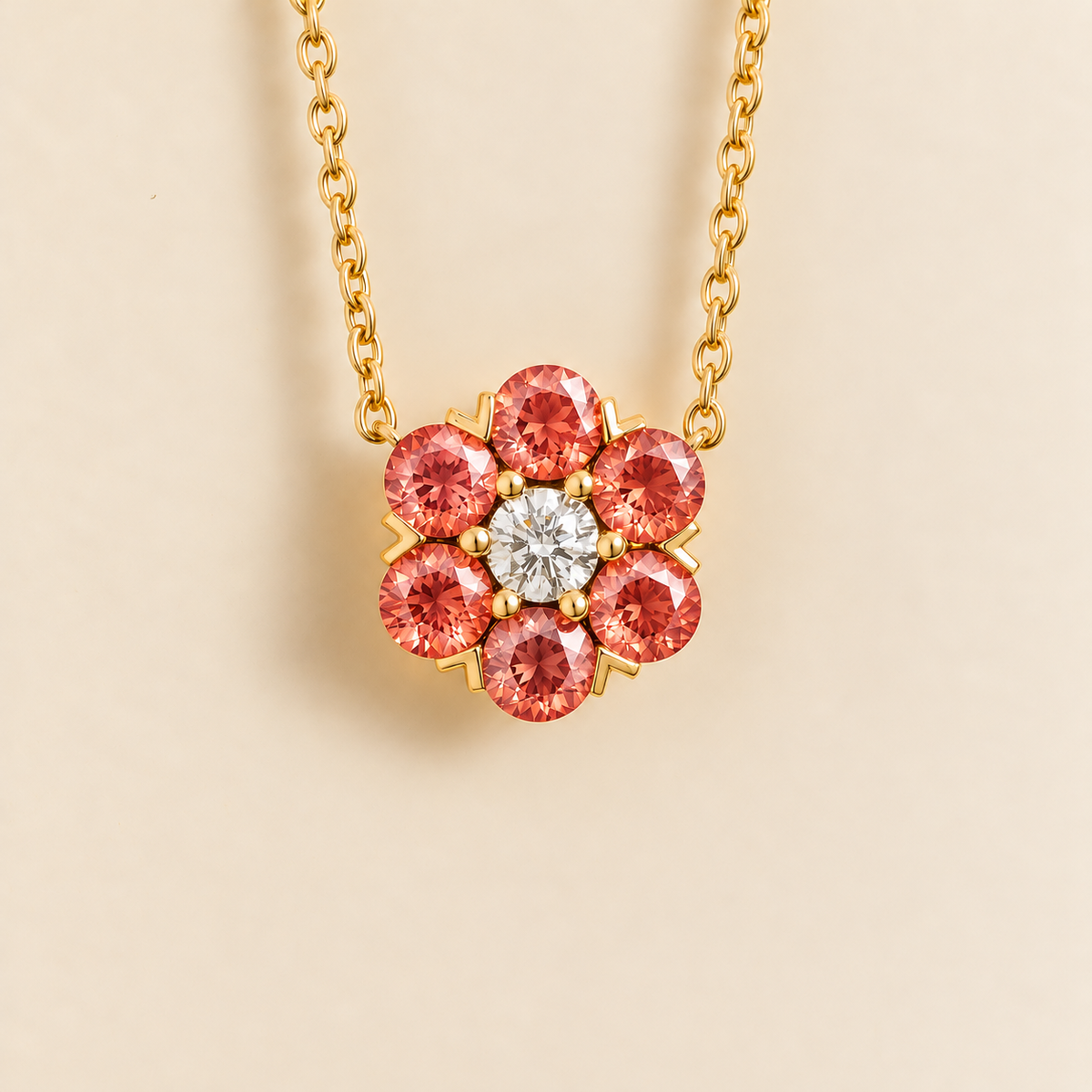 Cinq Padparadscha Sapphire & Diamond Flower Pendant Necklace in Gold