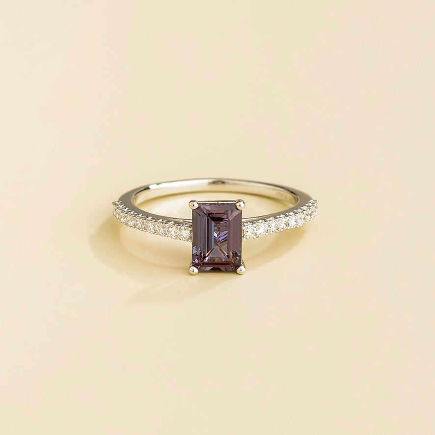 Chelle Alexandrite Emerald-Cut & Diamond Pavé Ring in White Gold