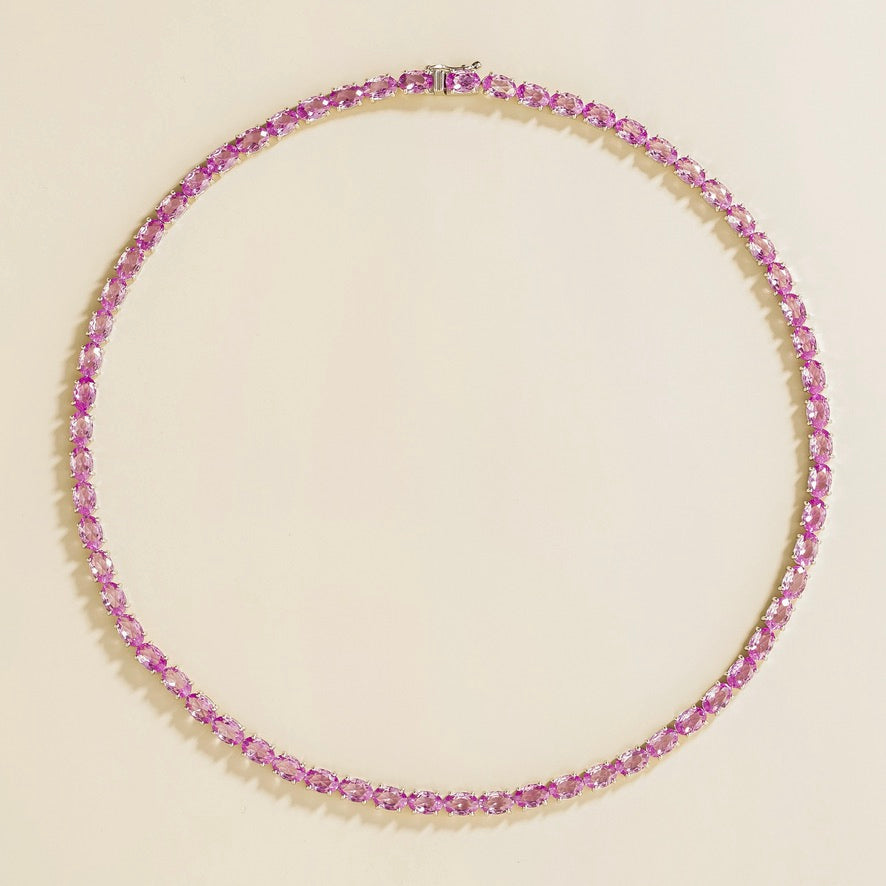 Oval lab-grown pastel pink sapphire tennis necklace, Salto design in white gold | Juvetti London