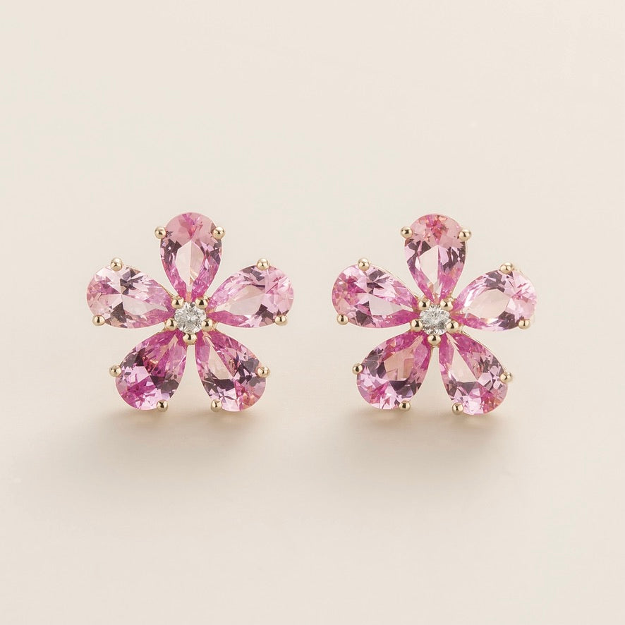 Florea Pastel Pink Sapphire & Diamond Flower Stud Earrings in White Gold