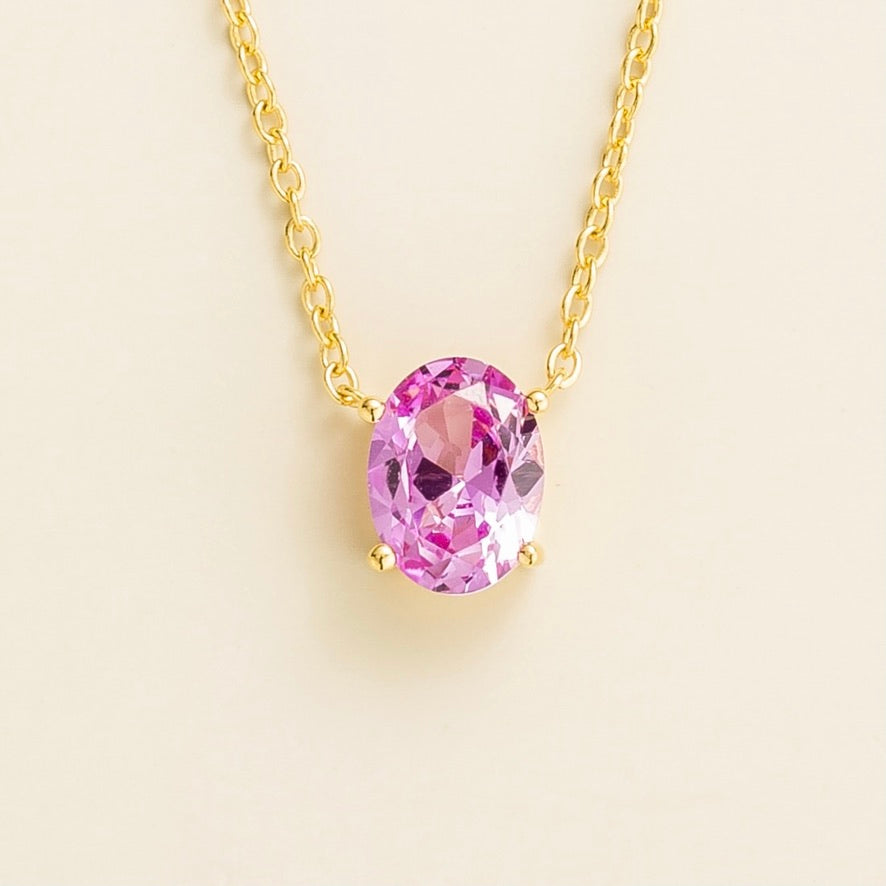 Oval lab-grown pastel pink sapphire solitaire pendant necklace, Ovo design in gold | Juvetti London
