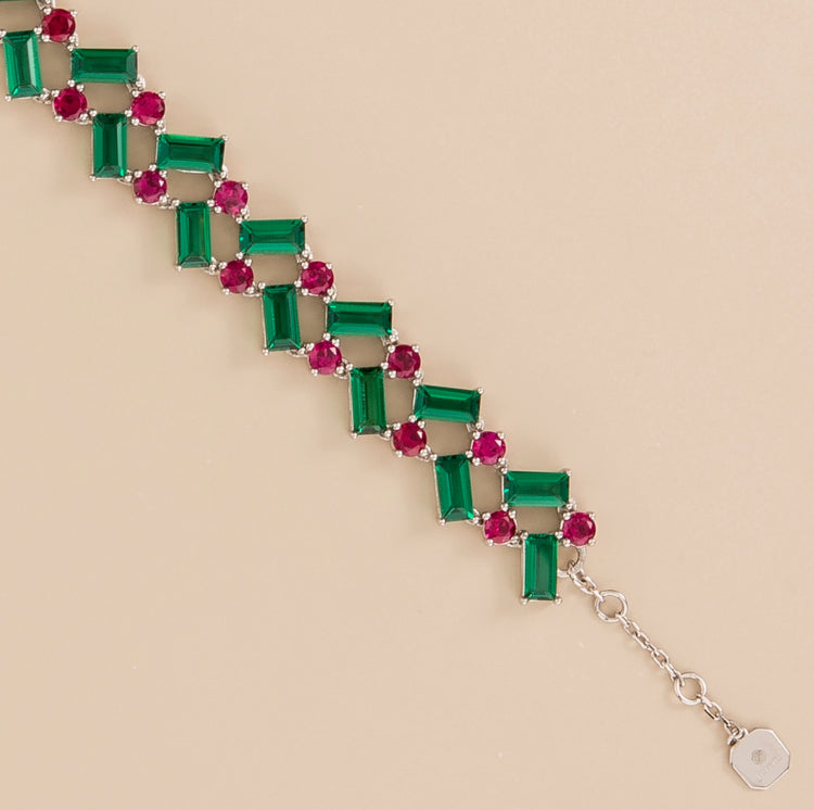 Dante bracelet in 18K white gold vermeil and set with lab grown Emerald and Ruby. Perfect for yourself and as gift.