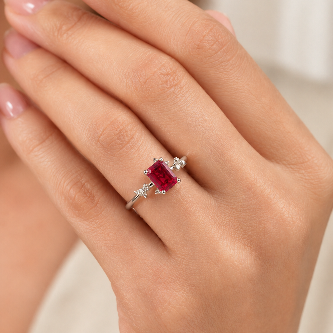 Frost Emerald-Cut Ruby & Diamond Ring in White Gold