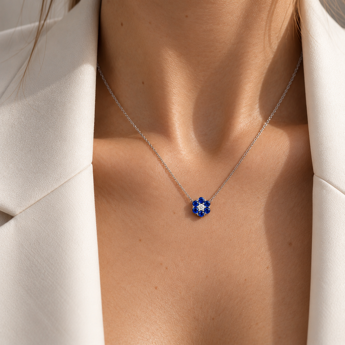 Cinq Blue Sapphire & Diamond Flower Pendant Necklace in White Gold