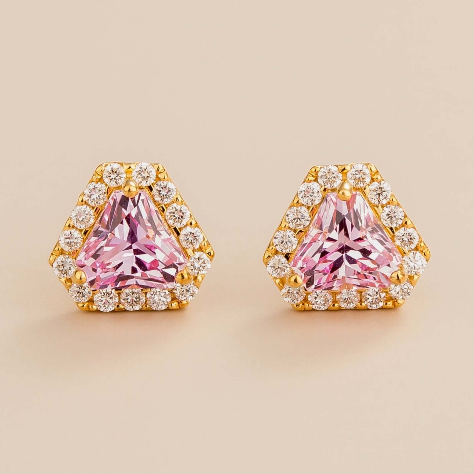Diana earrings in 18K gold vermeil set with lab grown diamond and triangle Pink Sapphire gem stones.