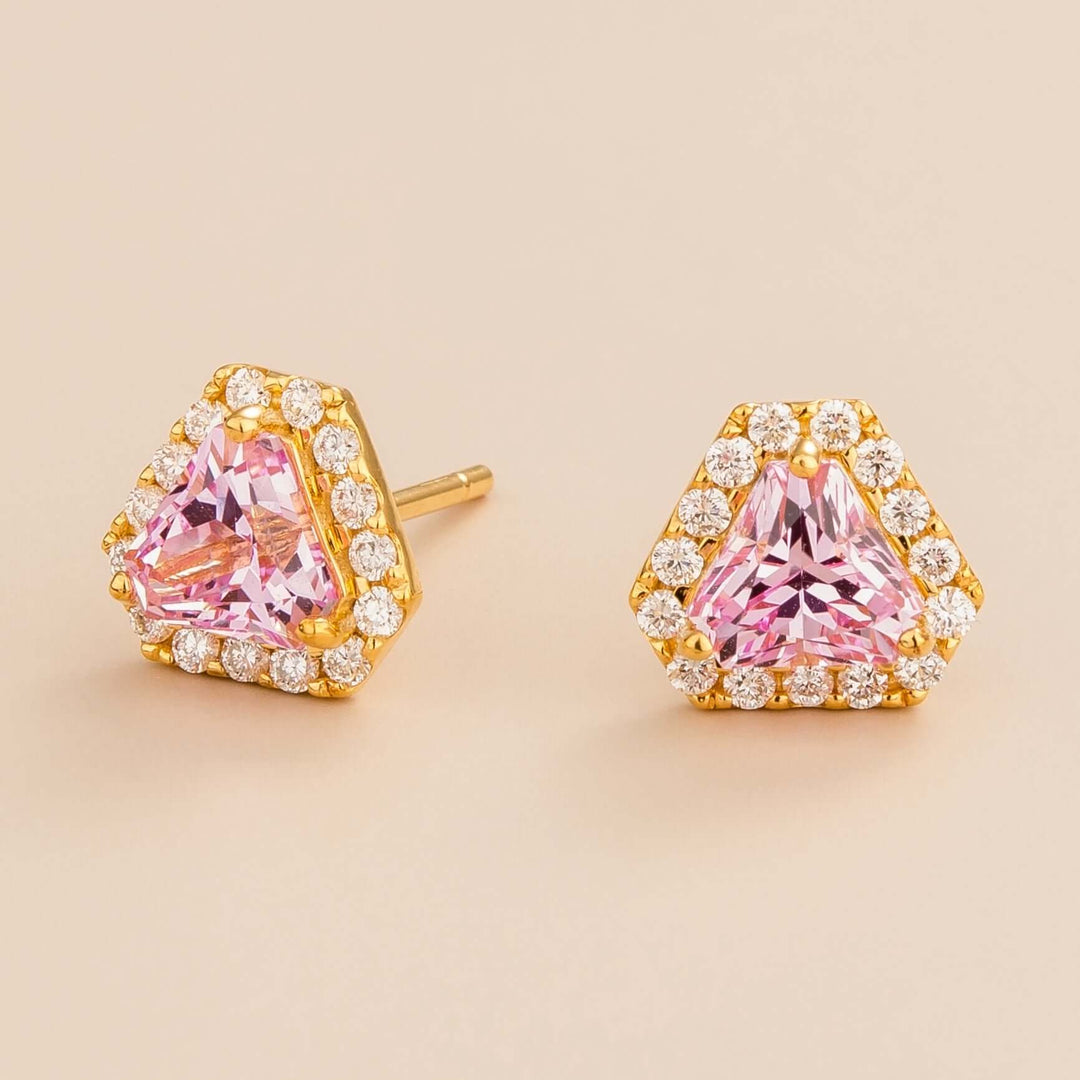 Diana earrings in 18K gold vermeil set with lab grown diamond and triangle Pink Sapphire gem stones.