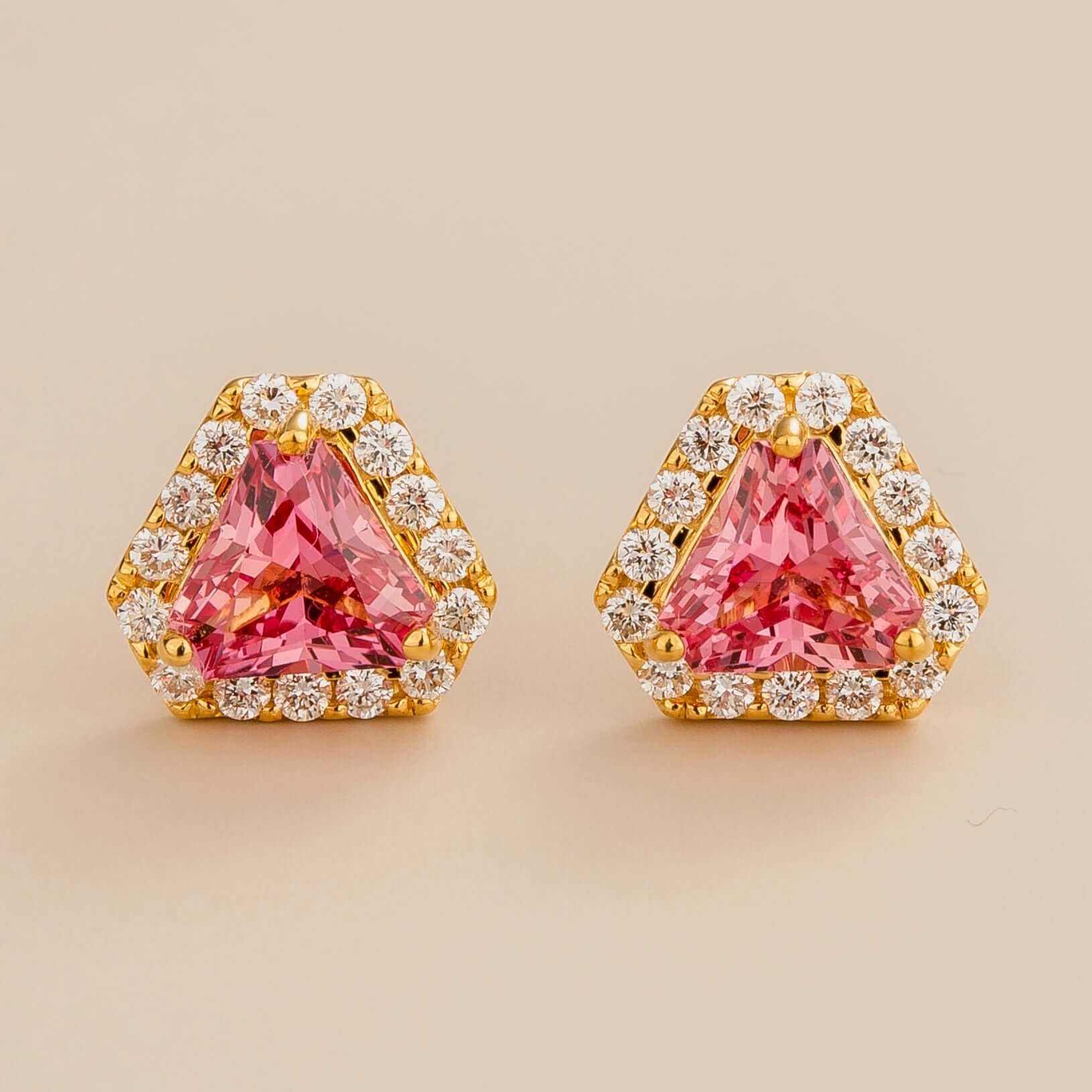 Diana earrings in 18K gold vermeil set with lab grown diamond and triangle padparadscha sapphire gem stones