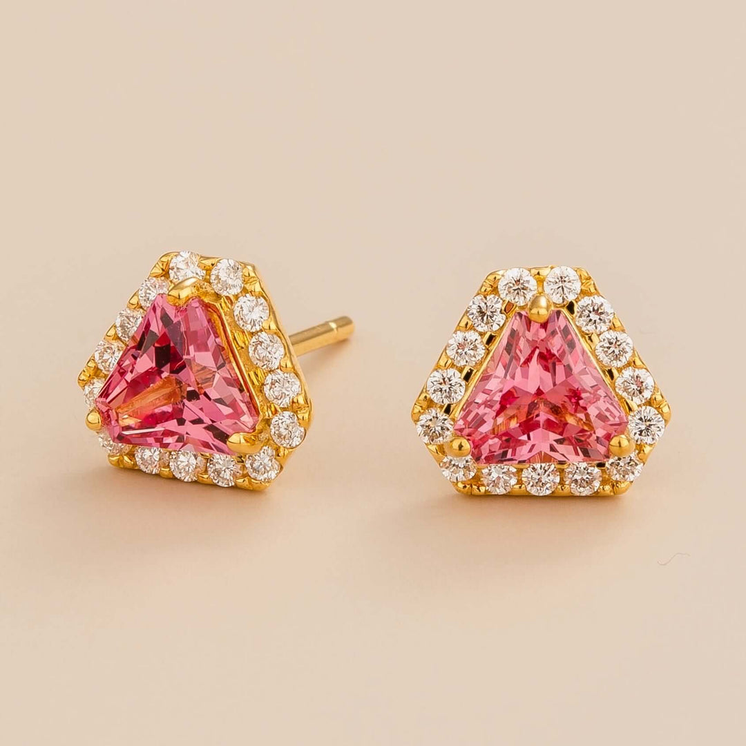 Diana earrings in 18K gold vermeil set with lab grown diamond and triangle padparadscha sapphire gem stones