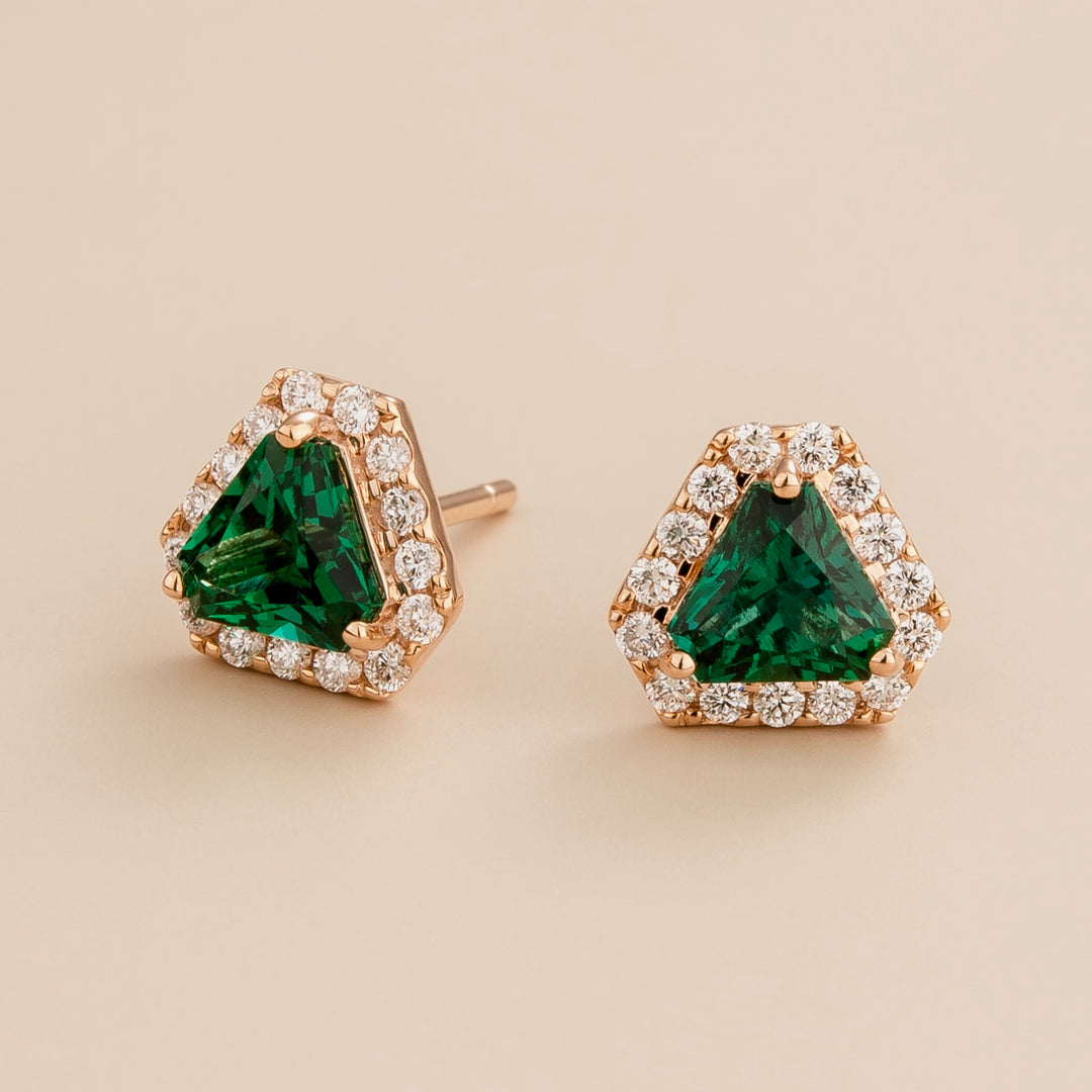 Diana earrings in 18 kt pink gold vermeil set with lab grown diamond and triangle emerald gem stone