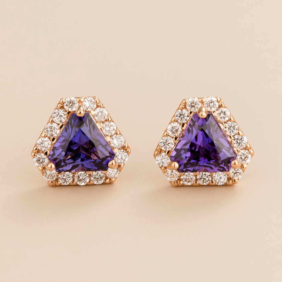 Diana earrings in 18K pink gold vermeil set with lab grown diamond and triangle purple sapphire gemstone.