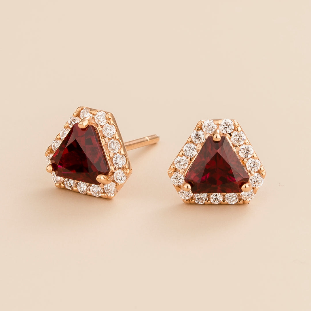 Diana earrings in 18K pink gold vermeil set with lab grown diamond and triangle ruby gem stones. Perfect for yourself and as gift.