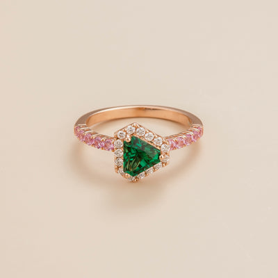 Diana Emerald Triangle Cut, Pink Sapphire Pavé & Diamond Halo Ring in Rose Gold