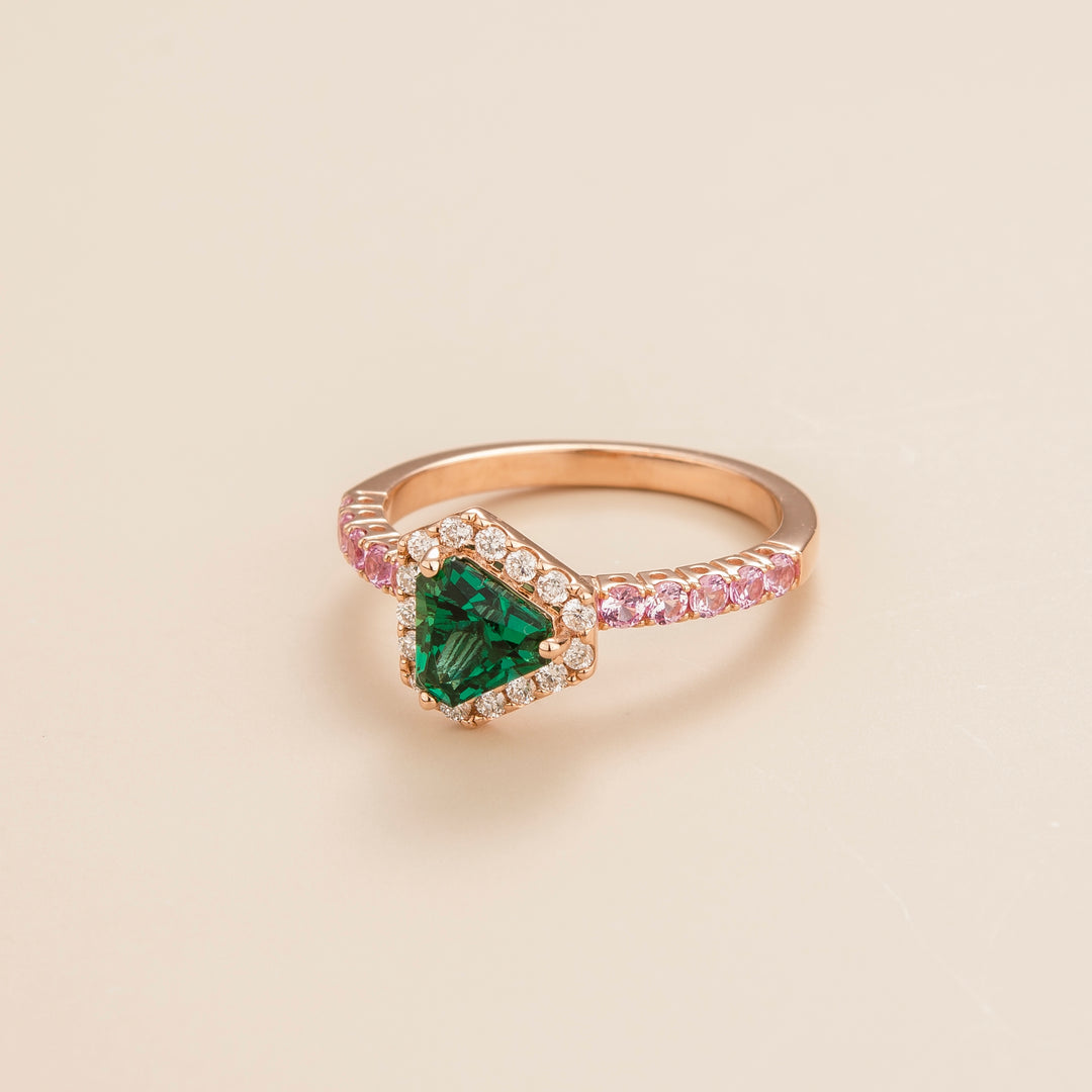 Diana ring in 18K pink gold vermeil set with lab grown diamond, emerald and pink sapphire gem stones.