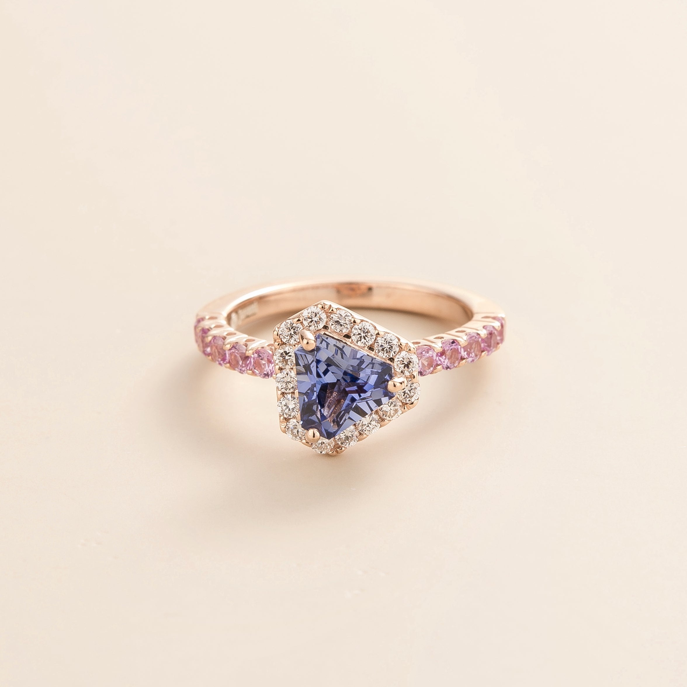 Diana Rose Gold Ring In Pastel Blue Sapphire Diamond and Pink Sapphire Juvetti Jewelry London UK