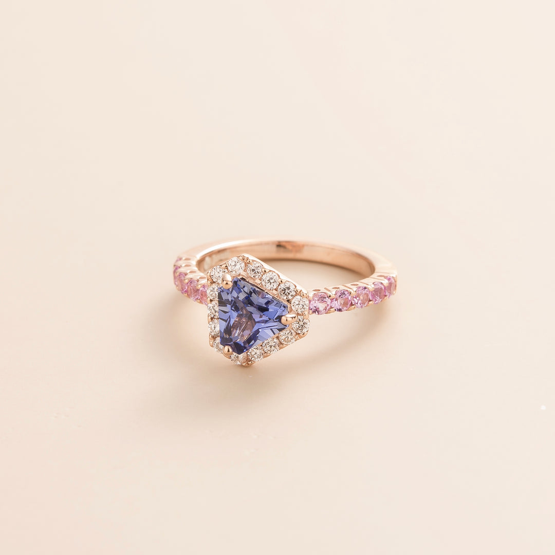 Diana Rose Gold Ring In Pastel Blue Sapphire Diamond and Pink Sapphire Juvetti Jewelry London