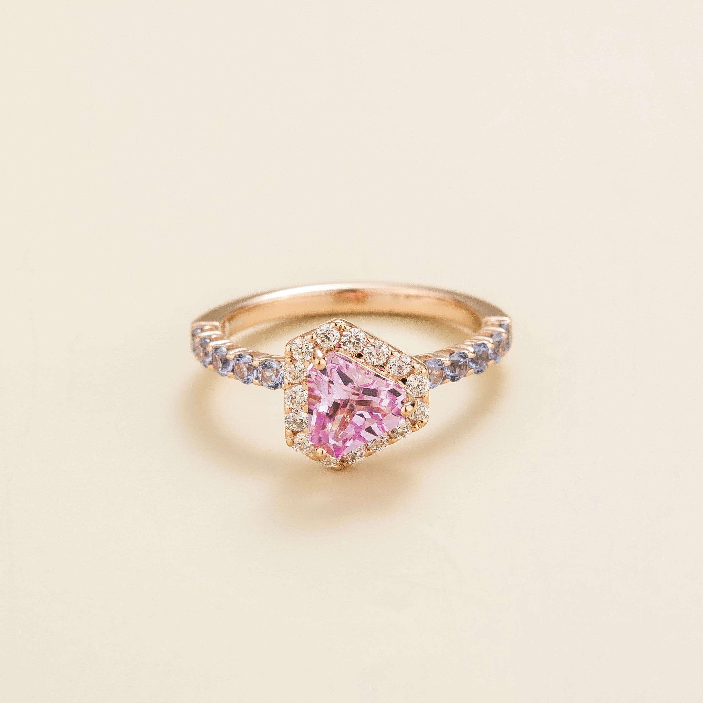 Diana Rose Gold Ring In Pink Sapphire Diamond and Pastel Blue Sapphire Online Affordable Bespoke Jewellery UK