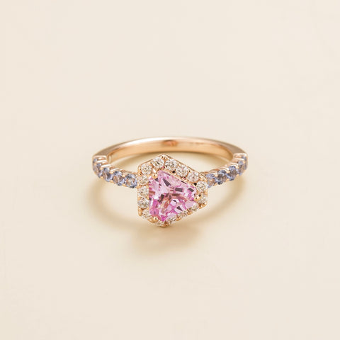 Diana Pink Sapphire Triangle Cut, Blue Sapphire Pavé and Diamond Halo Ring in Rose Gold