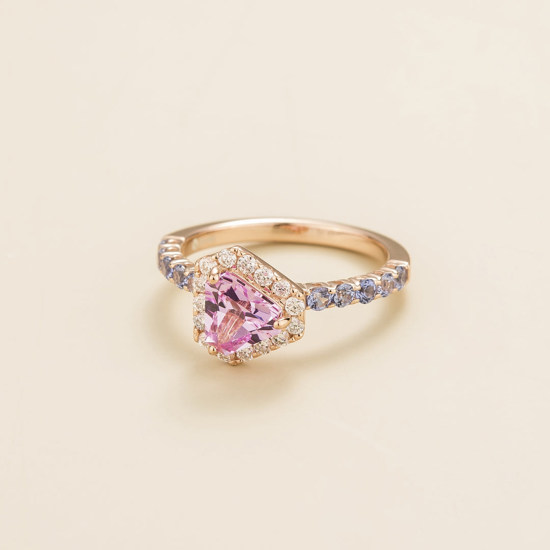 Diana Rose Gold Ring In Pink Sapphire Diamond and Pastel Blue Sapphire Online Affordable Bespoke Jewellery