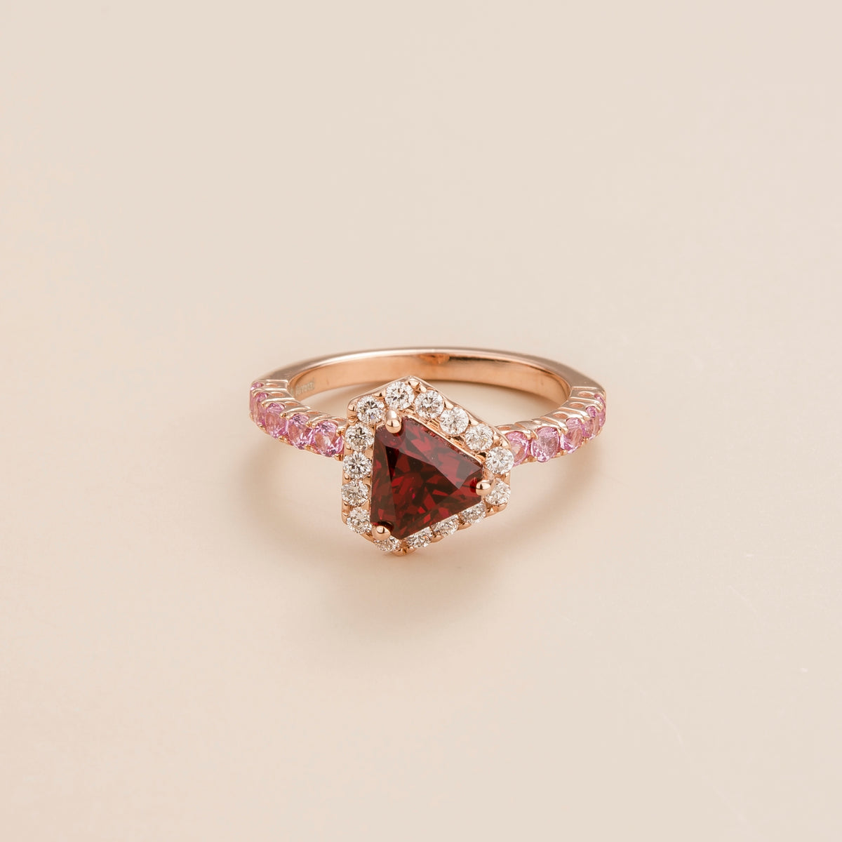 Diana Ruby Triangle Cut, Pink Sapphire Pavé & Diamond Halo Ring in Ros