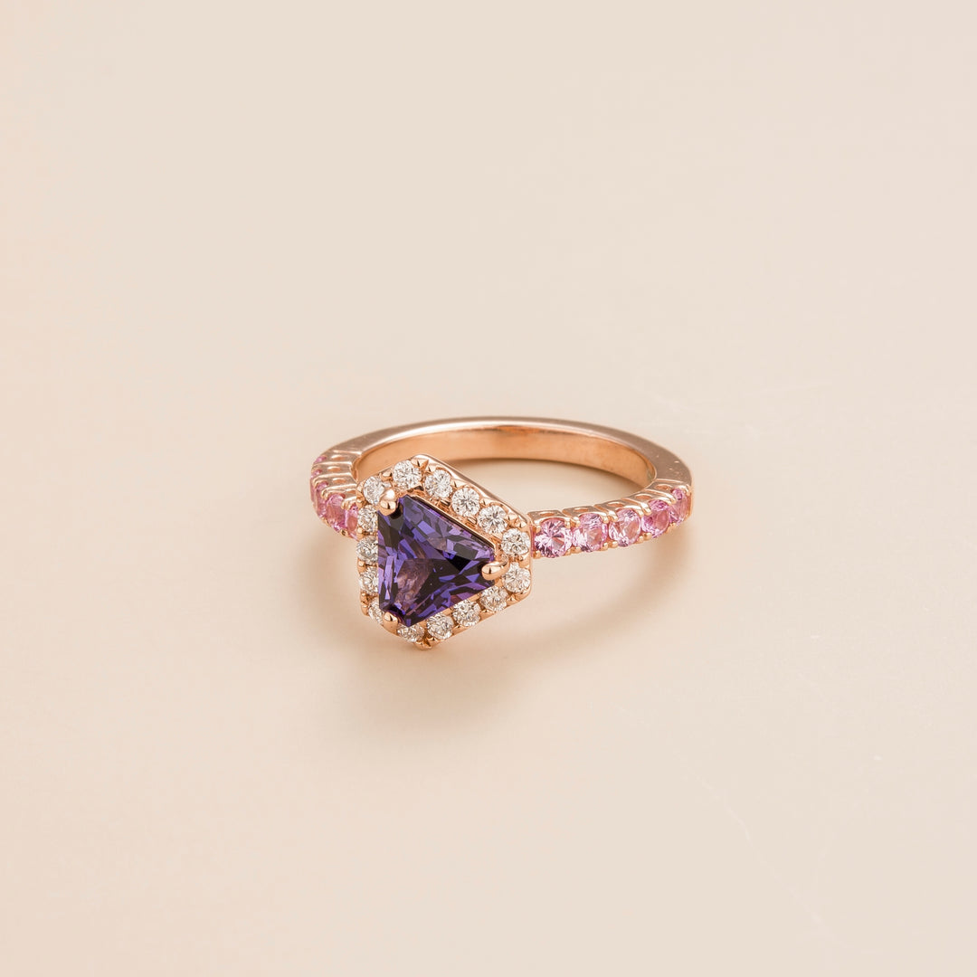 Diana ring in 18K pink gold vermeil set with lab grown diamond, purple sapphire and pink sapphire gem stones. Perfect for yourself and as gift.