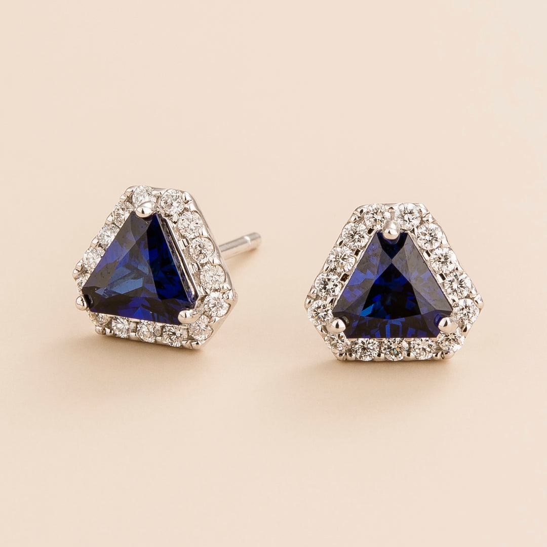 Diana earrings in 18K white gold vermeil set with lab grown diamond and triangle blue sapphire. Perfect for yourself and as gift.