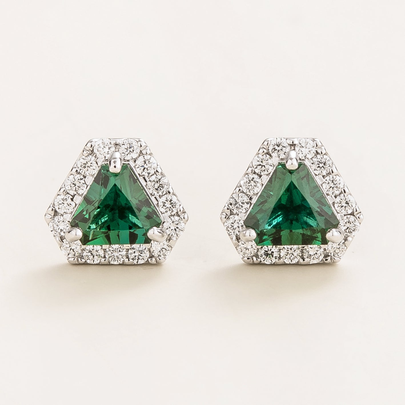 Diana Emerald Triangle Cut & Diamond Halo Stud Earrings in White Gold
