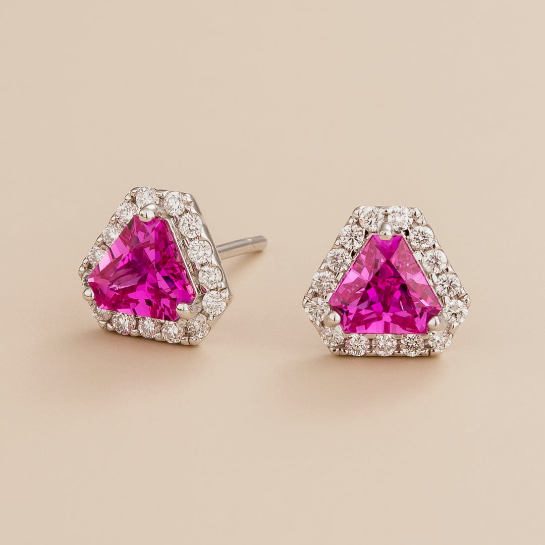 Diana earrings in 18K white gold vermeil set with lab grown diamond and dark pink sapphire gem stones.