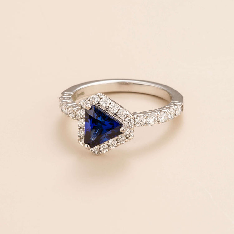 Diana White Gold Ring Blue Sapphire and Diamond Juvetti Jewelry London