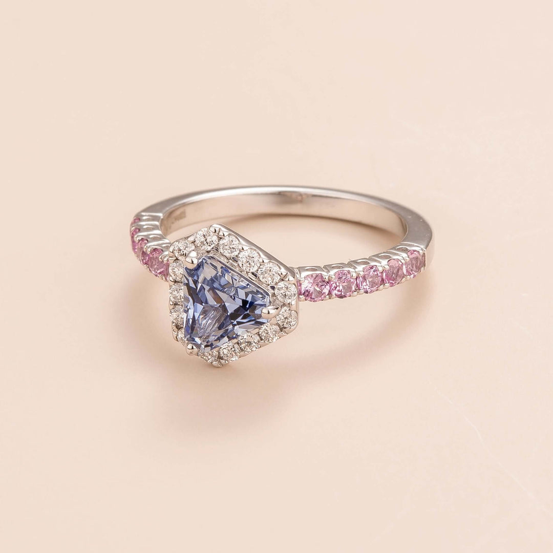 Diana White Gold Ring Pastel Blue Sapphire Diamond and Pink Sapphire Juvetti Jewelry London