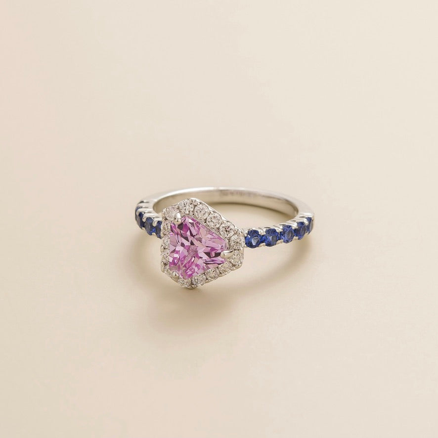 Diana White Gold Ring Pink Sapphire Diamond and Blue Sapphire Juvetti Jewelry London UK