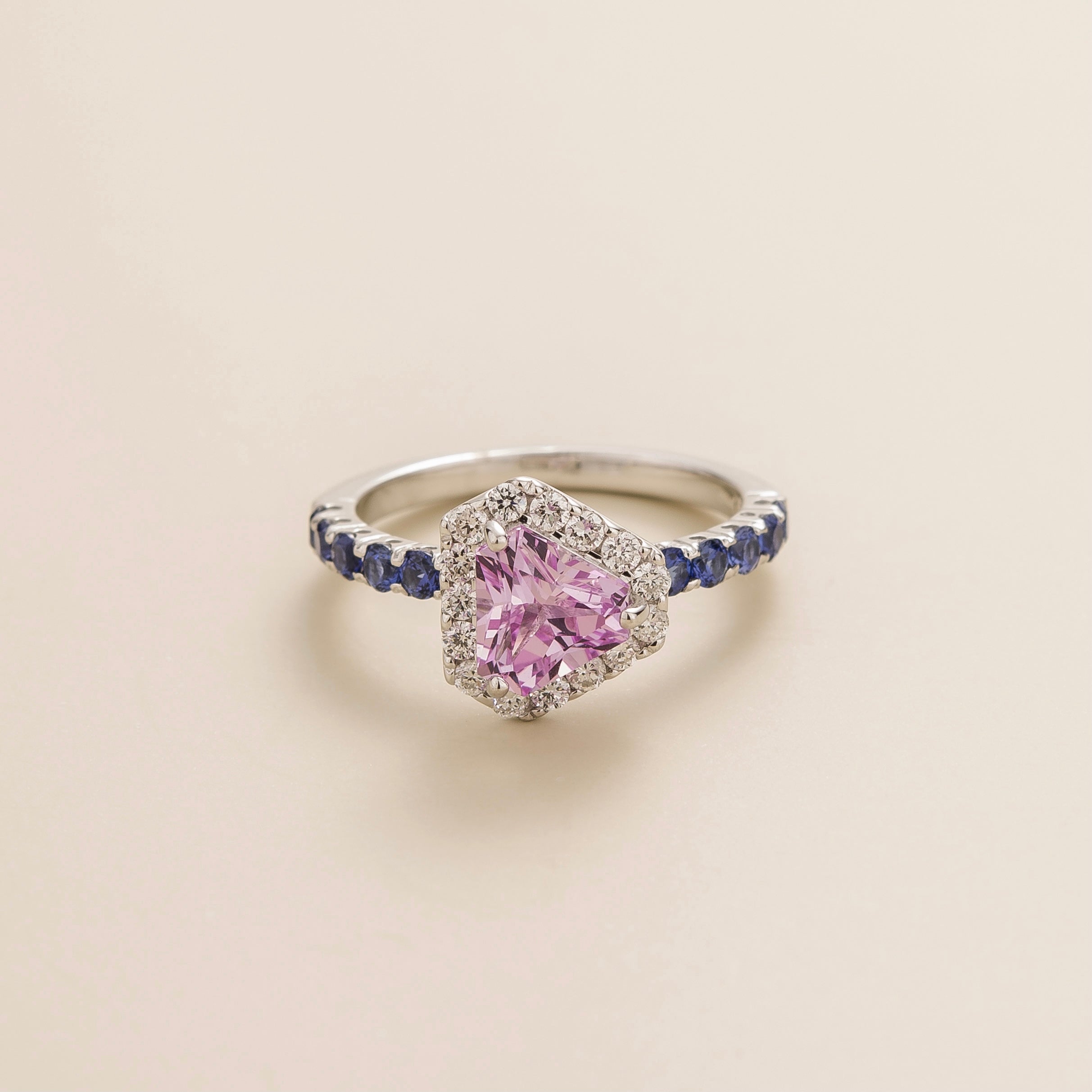 Diana White Gold Ring Pink Sapphire Diamond and Blue Sapphire Juvetti Jewelry London
