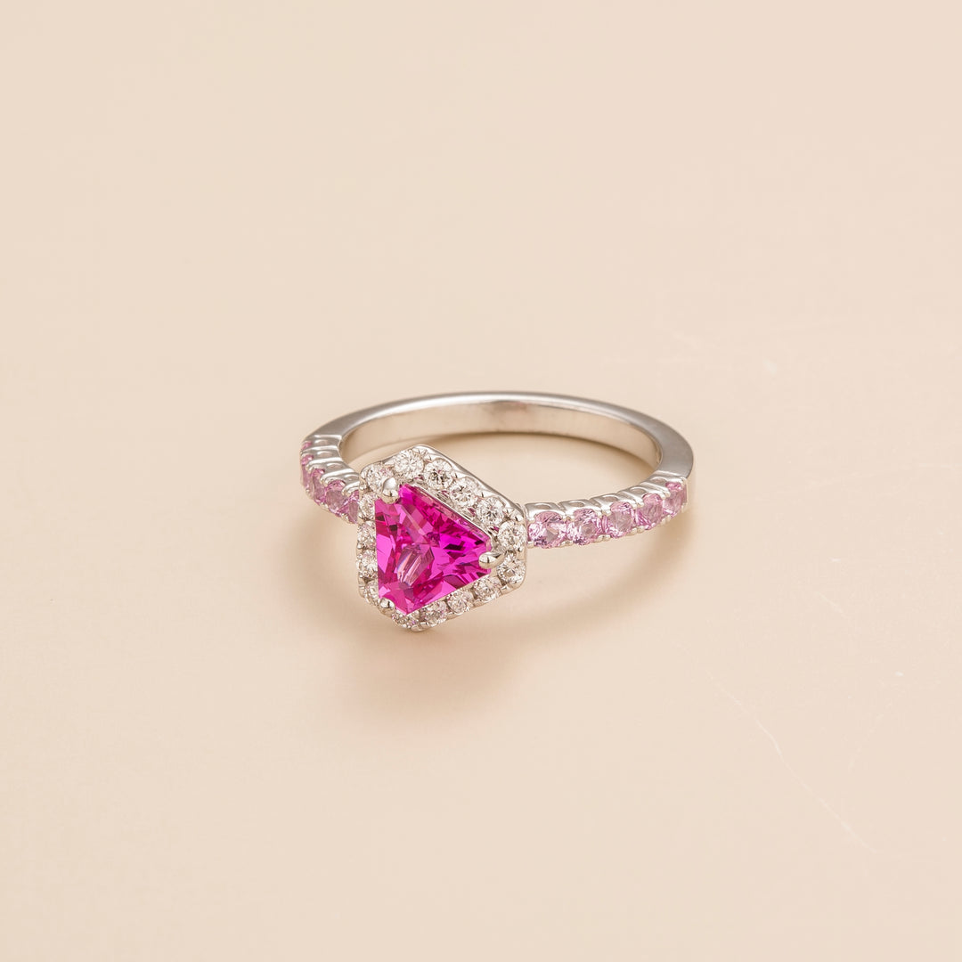 Diana ring in 18K white gold vermeil set with lab grown diamond and triangle pink sapphire gem stones. Perfect for yourself and as gift.