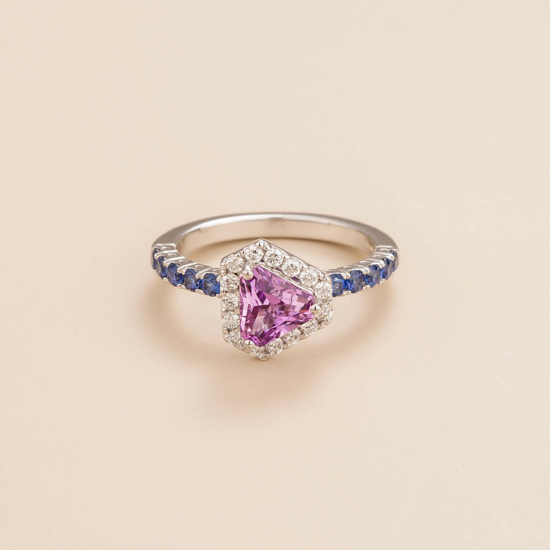 Diana ring in 18K white gold vermeil set with lab grown diamond, blue sapphire and purple sapphire gem stones. Perfect for yourself and as gift.