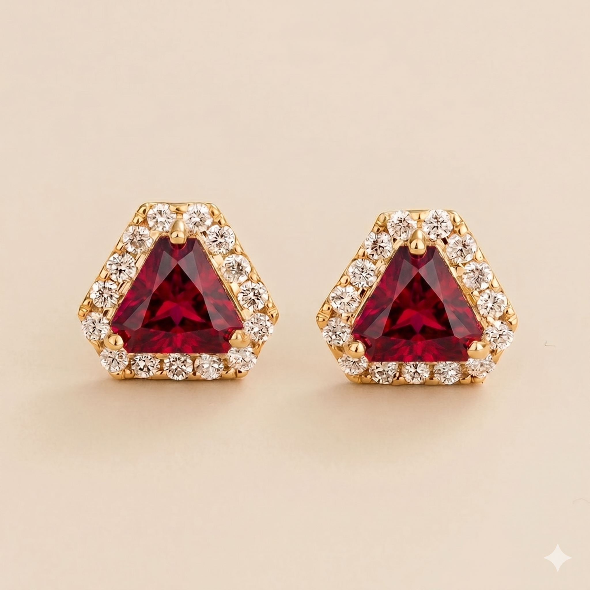 Diana Ruby Triangle Cut & Diamond Halo Stud Earrings in Gold