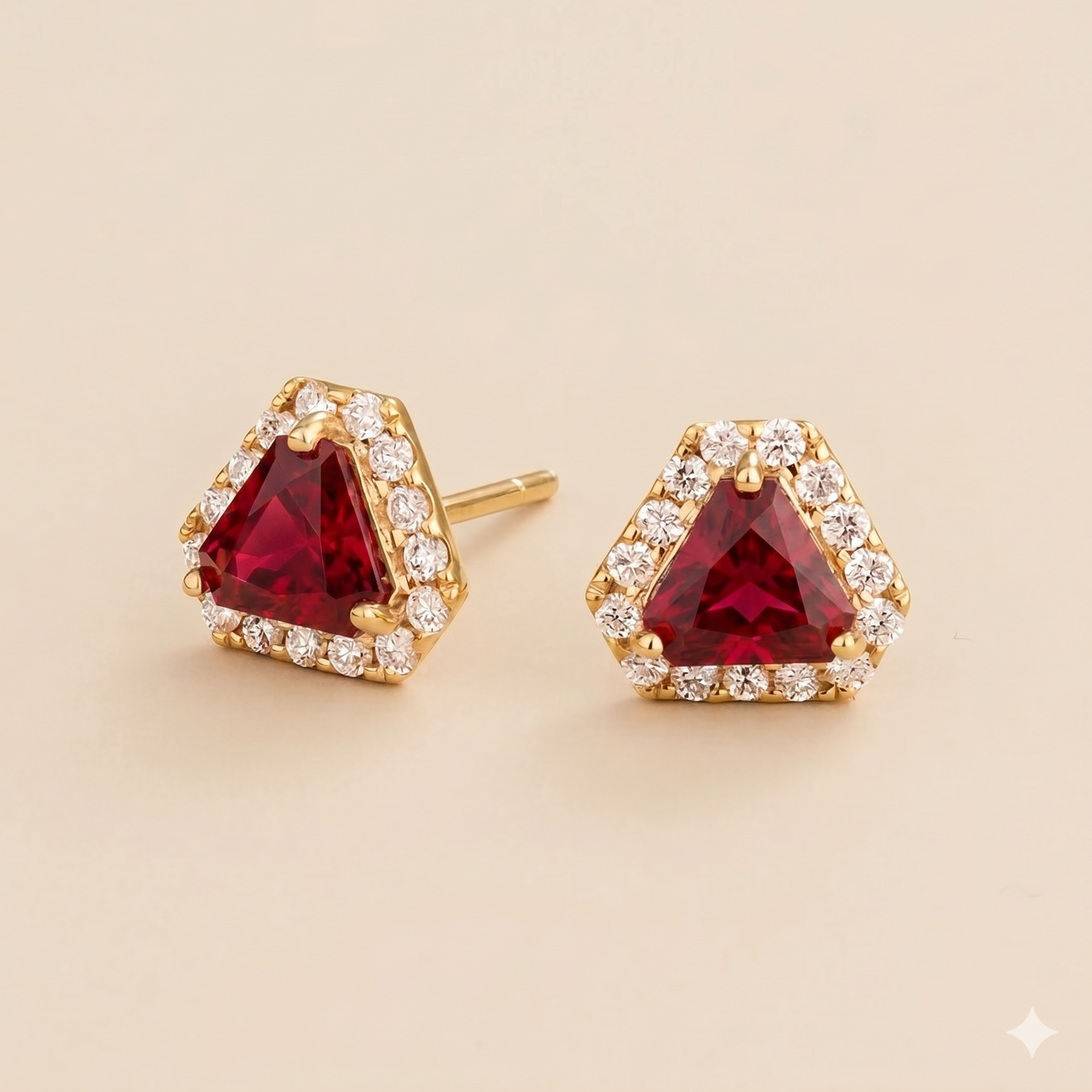 Diana Ruby Triangle Cut & Diamond Halo Stud Earrings in Gold