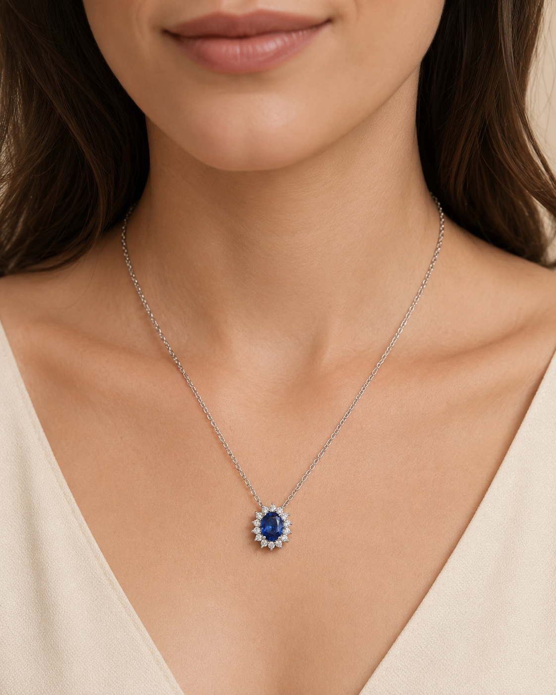 Divo Oval Blue Sapphire & Diamond Halo White Gold Necklace